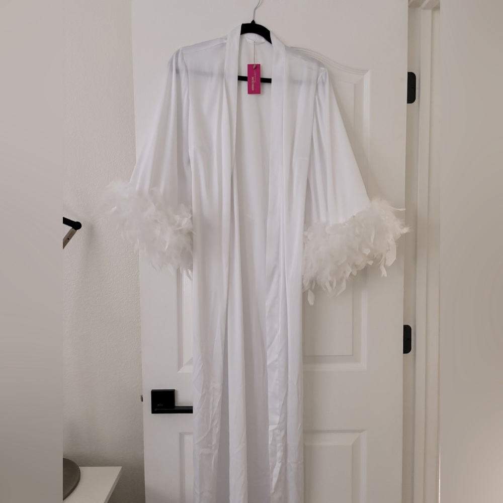 Monika Blank White Satin Feather Trim Long Robe NWT